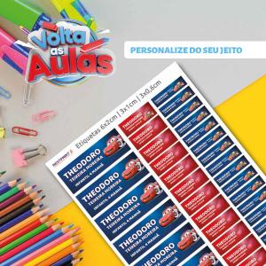 Kit Etiquetas Volta as Aulas Couche Adesivo 6x2cm - 20un / 3x0,06 - 50un / 3x1cm - 40un 4x0 - Colorido Frente  Meio Corte Personalizado